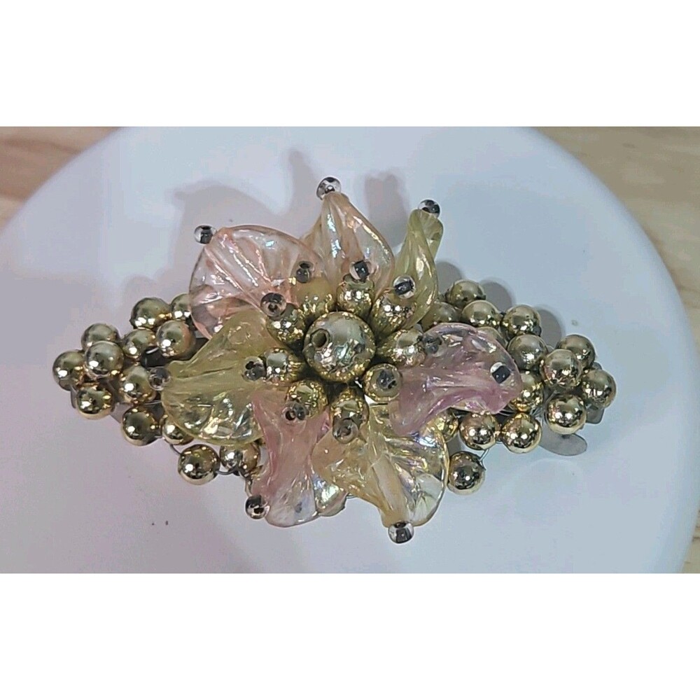 Vtg. Hair Jewelry Set 1 Pink,yellow and Gold Nice Strong Clips